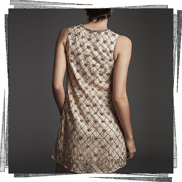 NWT: Retro 20s Golden Crystal Embellished Sleeveless V-Neck Mini Shift Dress (S) - Picture 4 of 4